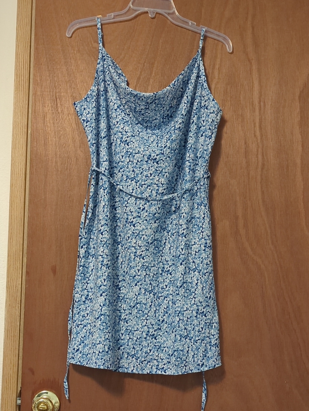 Cowl Neck Floral Mini Dress in Light Blue